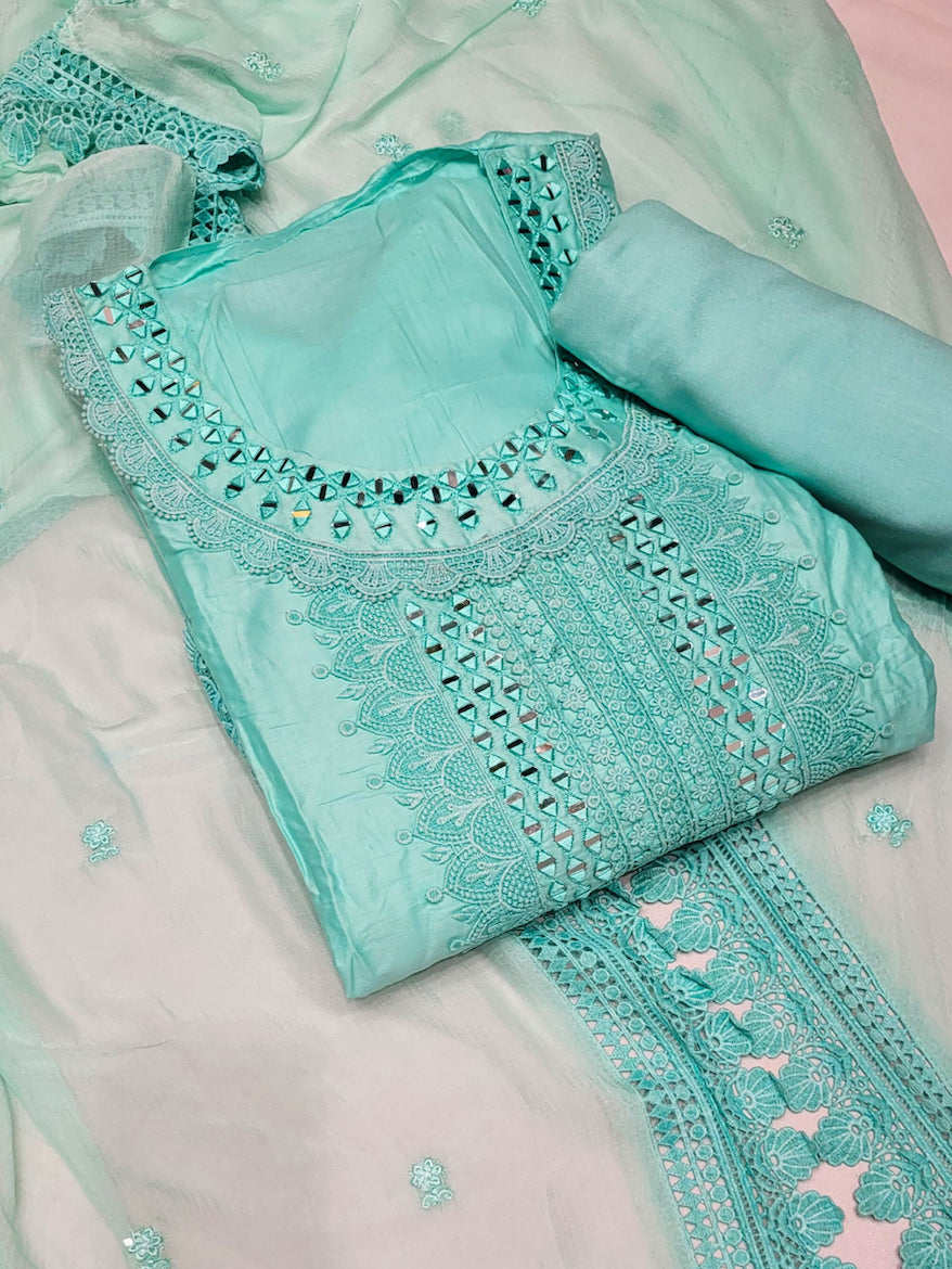 Mirror Embellished & Resham Embroidered Cotton Suit Dupatta with Crochet Cut work Laces