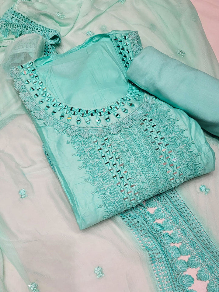 Mirror Embellished & Resham Embroidered Cotton Suit Dupatta with Crochet Cut work Laces