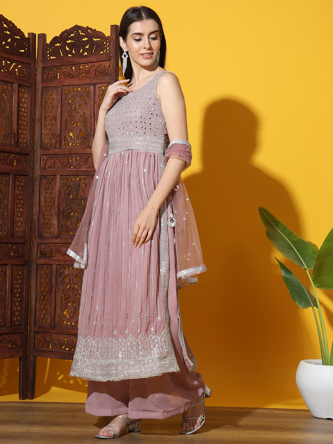 Mauve Pleated Nyraa Style Kurta Set with Mirror Sequin Embellishments