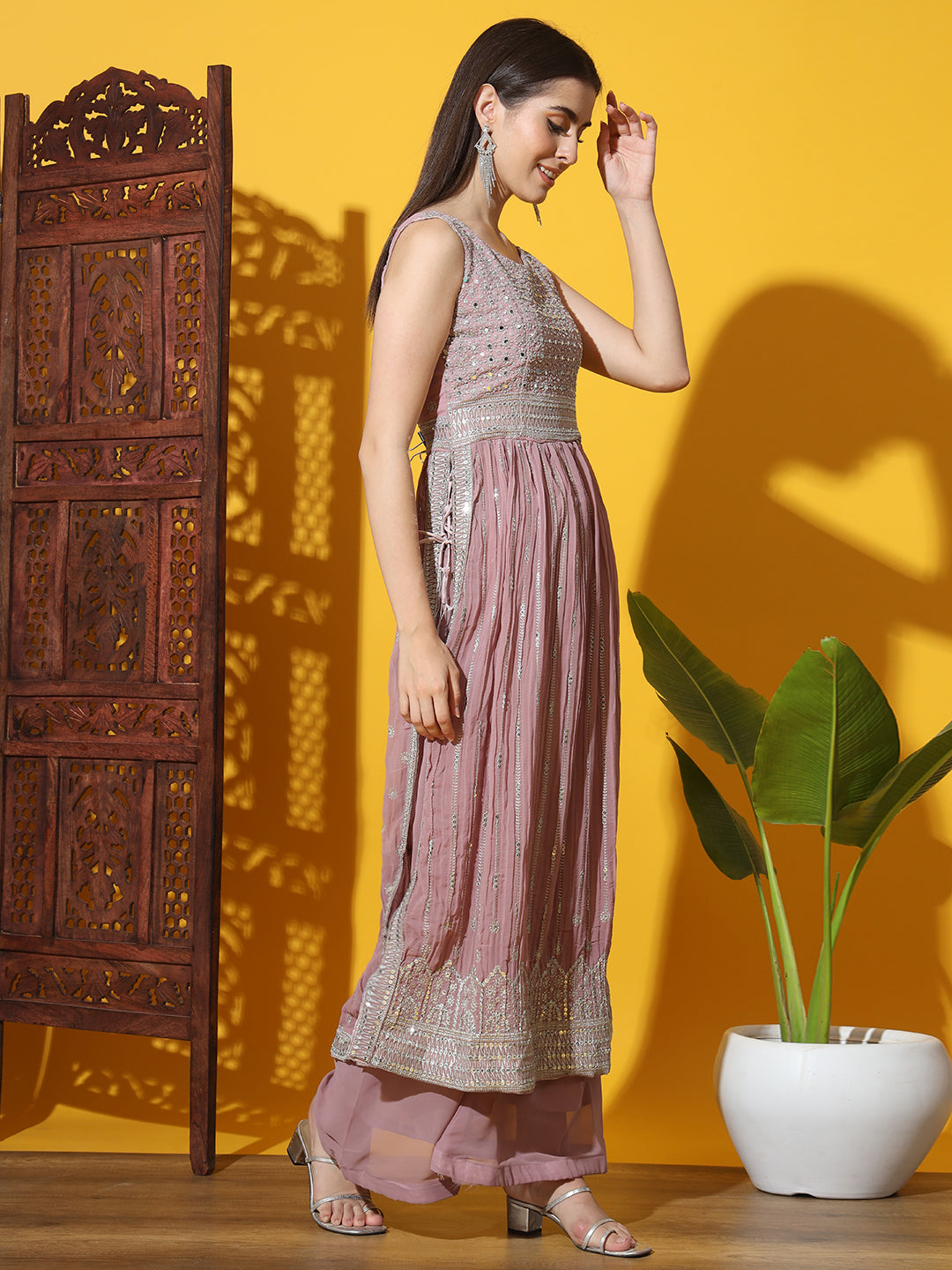 Mauve Pleated Nyraa Style Kurta Set with Mirror Sequin Embellishments