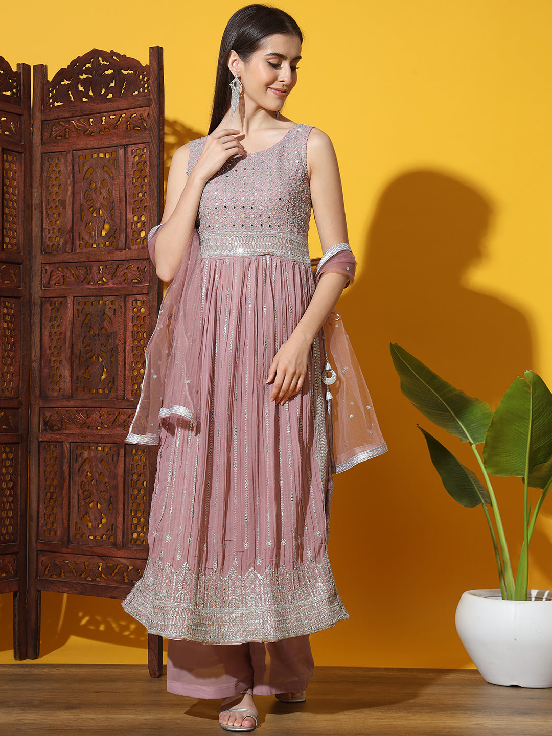 Mauve Pleated Nyraa Style Kurta Set with Mirror Sequin Embellishments
