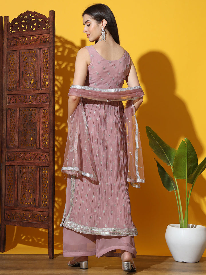 Mauve Pleated Nyraa Style Kurta Set with Mirror Sequin Embellishments