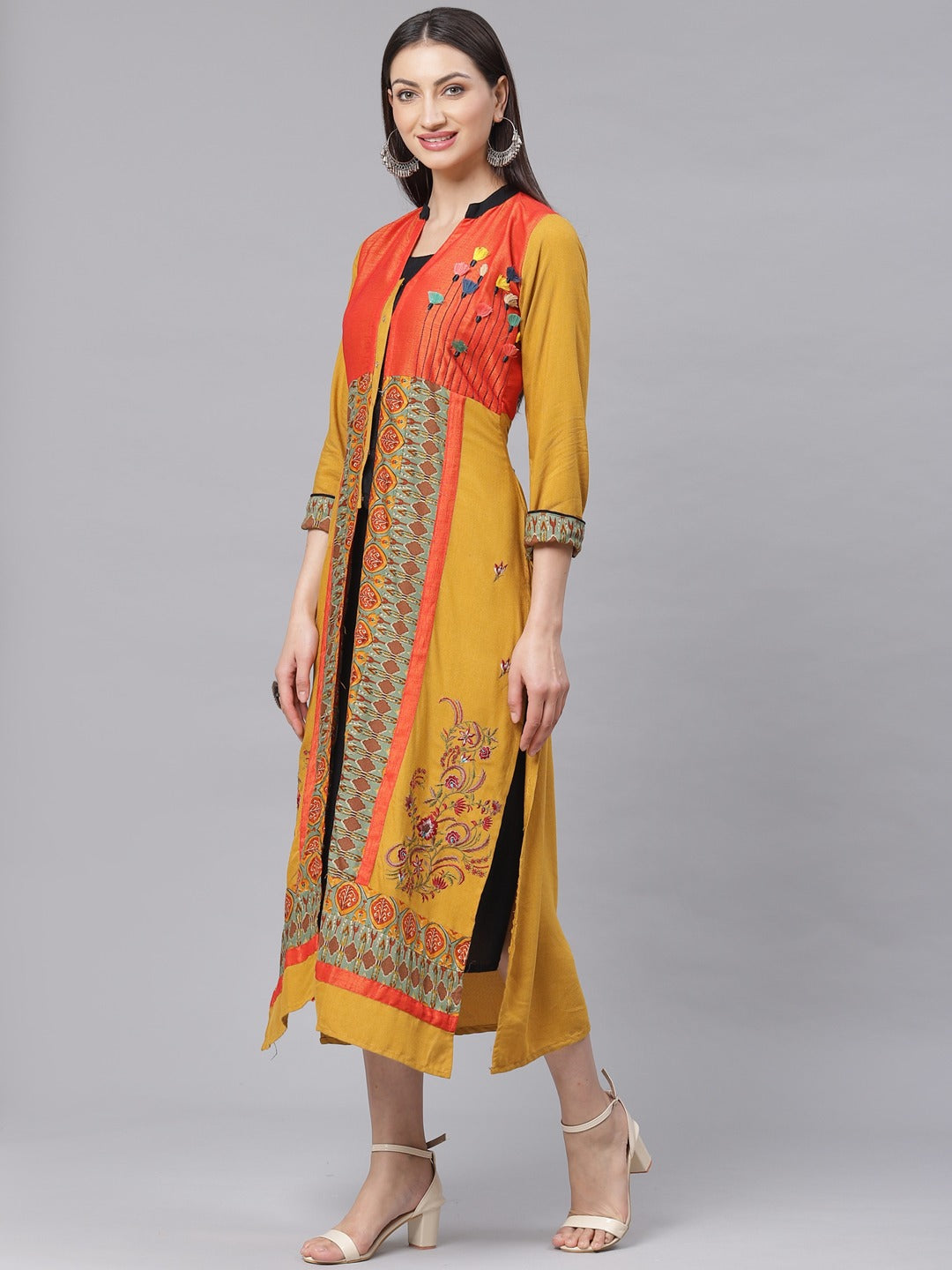 High slit Jacket style Kurta Dress with Quirky Prints, Resham Embroidery and Tassels