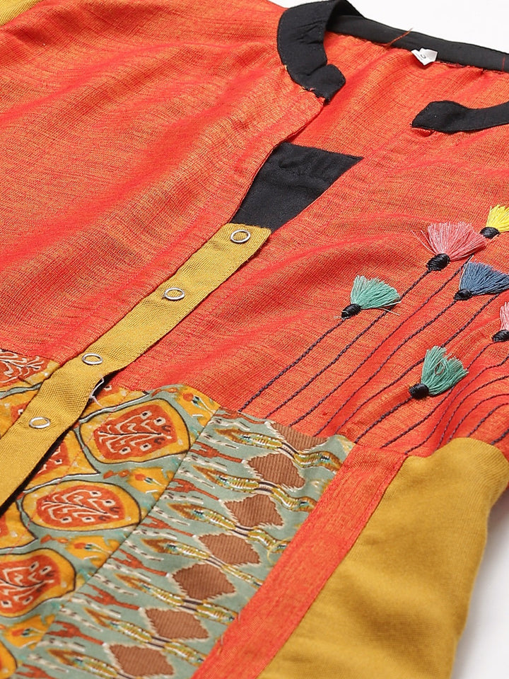 High slit Jacket style Kurta Dress with Quirky Prints, Resham Embroidery and Tassels