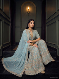 Sky Blue Sequin Embroidered Sharara Suit with Net Dupatta