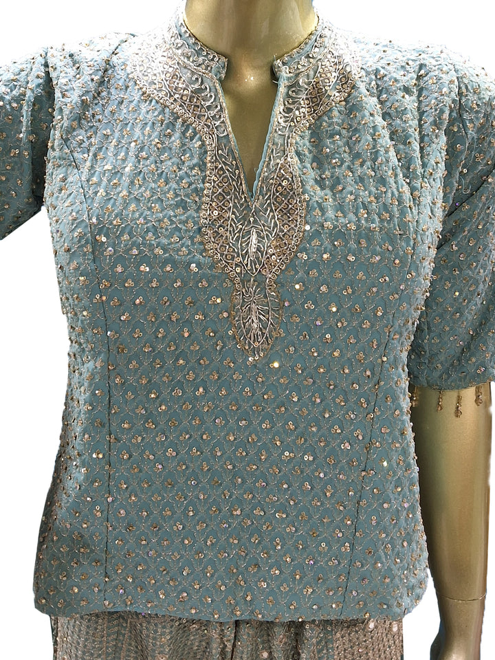 Sky Blue Sequin Embroidered Sharara Suit with Net Dupatta