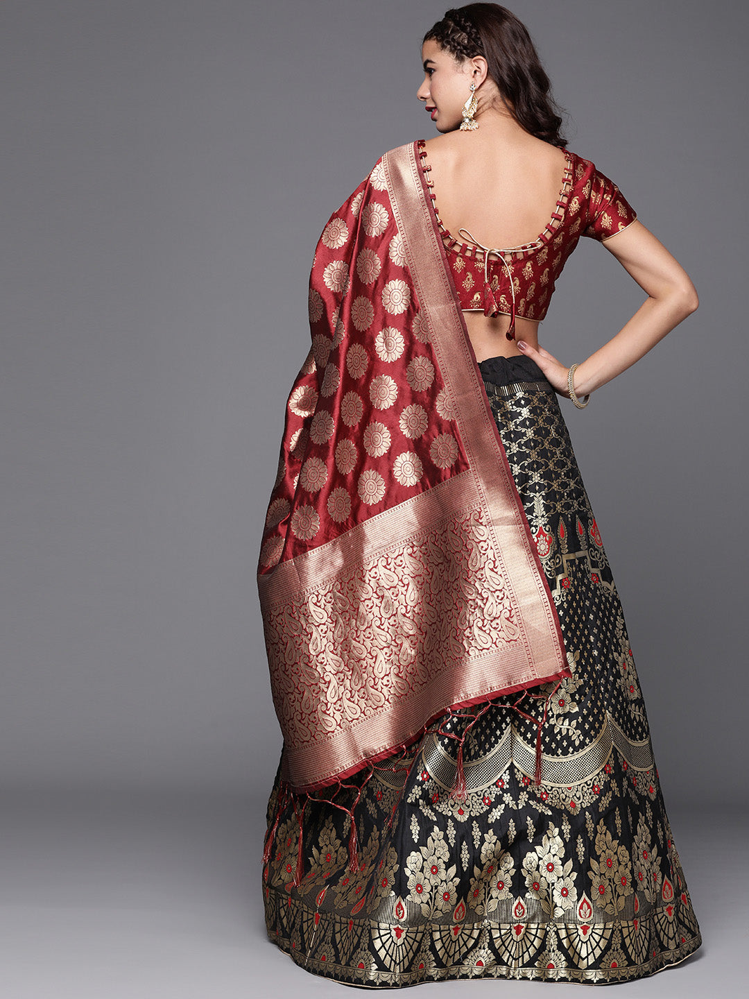 Semi Stitched Banarasi Brocade Silk Lehenga Choli with Zari & Resham Weaving,Tassels