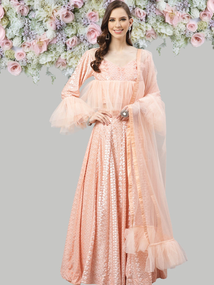 Pastel Brasso Embellished Lehenga Set with Peplum Style Ruffled blouse & Frilled dupatta