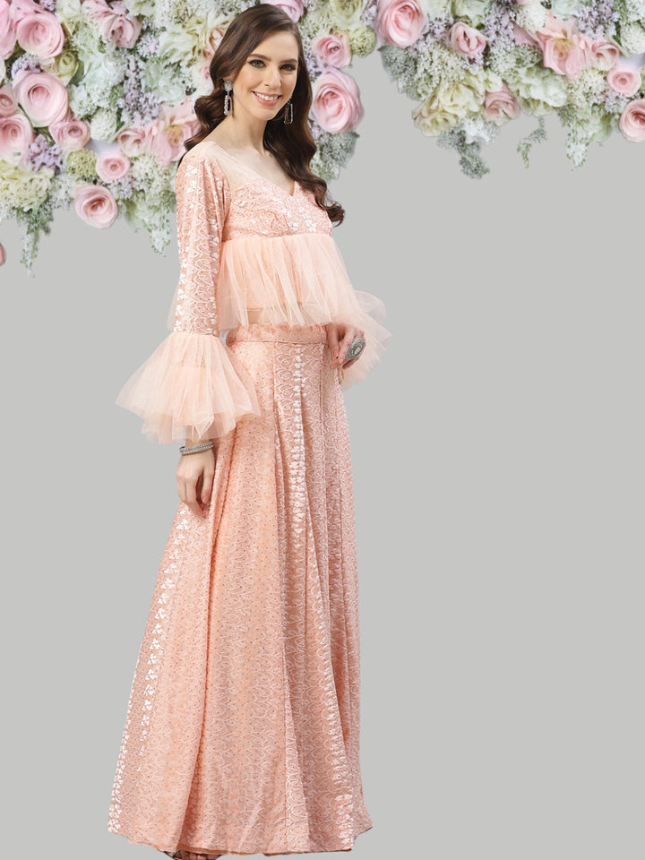 Pastel Brasso Embellished Lehenga Set with Peplum Style Ruffled blouse & Frilled dupatta