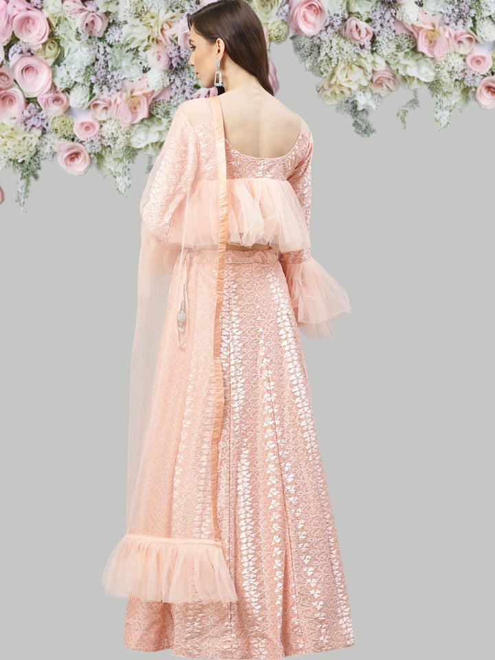 Pastel Brasso Embellished Lehenga Set with Peplum Style Ruffled blouse & Frilled dupatta