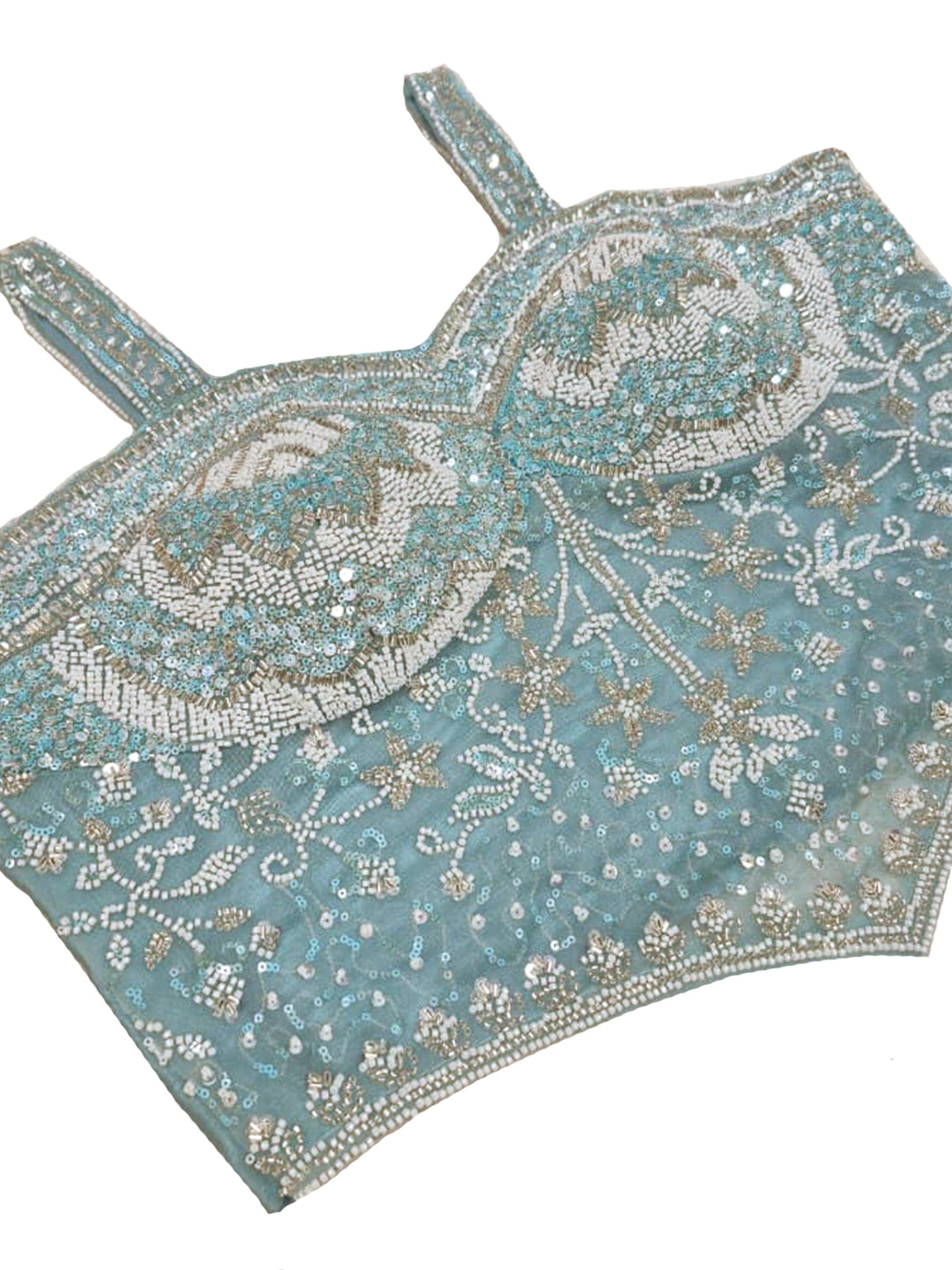 Corset Style Pre-Draped Saree with Floral Pearl Embellshed Bustier and Straps