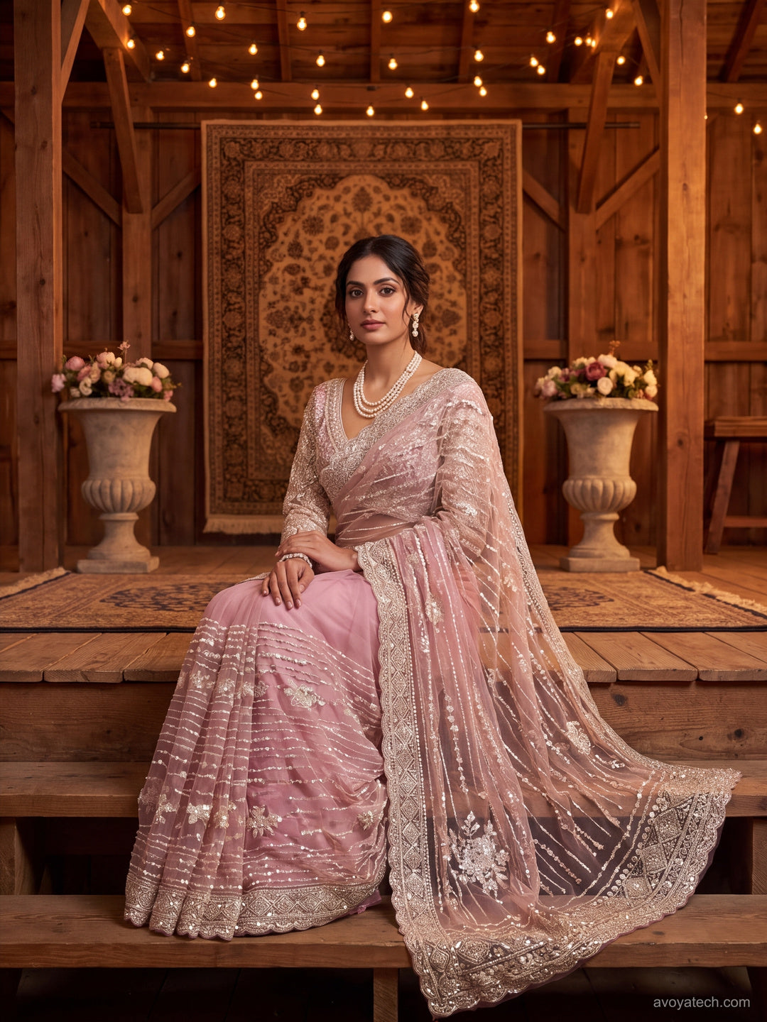 Blush Pink Sequin Embroidered Net Saree with Scalloped Border and Stitched Full Sleeves Blouse
