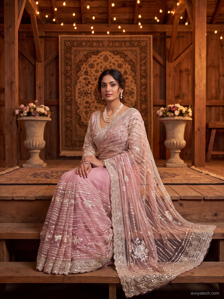 Blush Pink Sequin Embroidered Net Saree with Scalloped Border and Stitched Full Sleeves Blouse