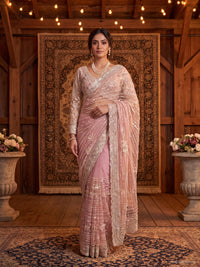 Blush Pink Sequin Embroidered Net Saree with Scalloped Border and Stitched Full Sleeves Blouse