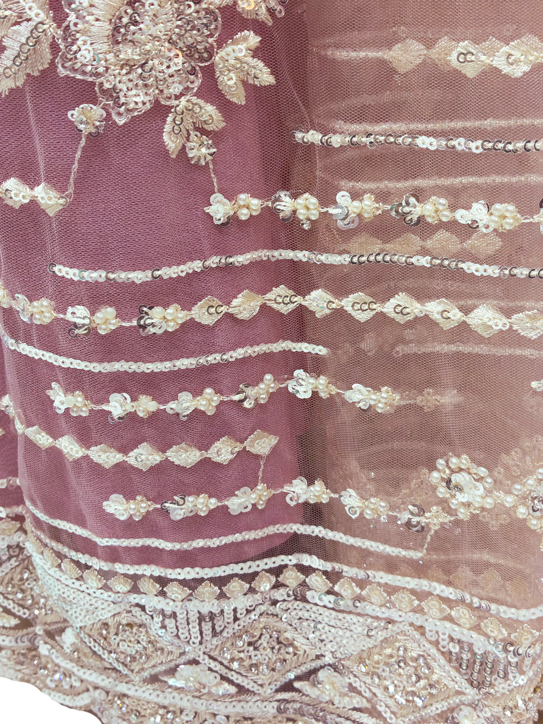 Blush Pink Sequin Embroidered Net Saree with Scalloped Border and Stitched Full Sleeves Blouse