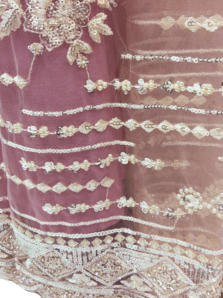 Blush Pink Sequin Embroidered Net Saree with Scalloped Border and Stitched Full Sleeves Blouse