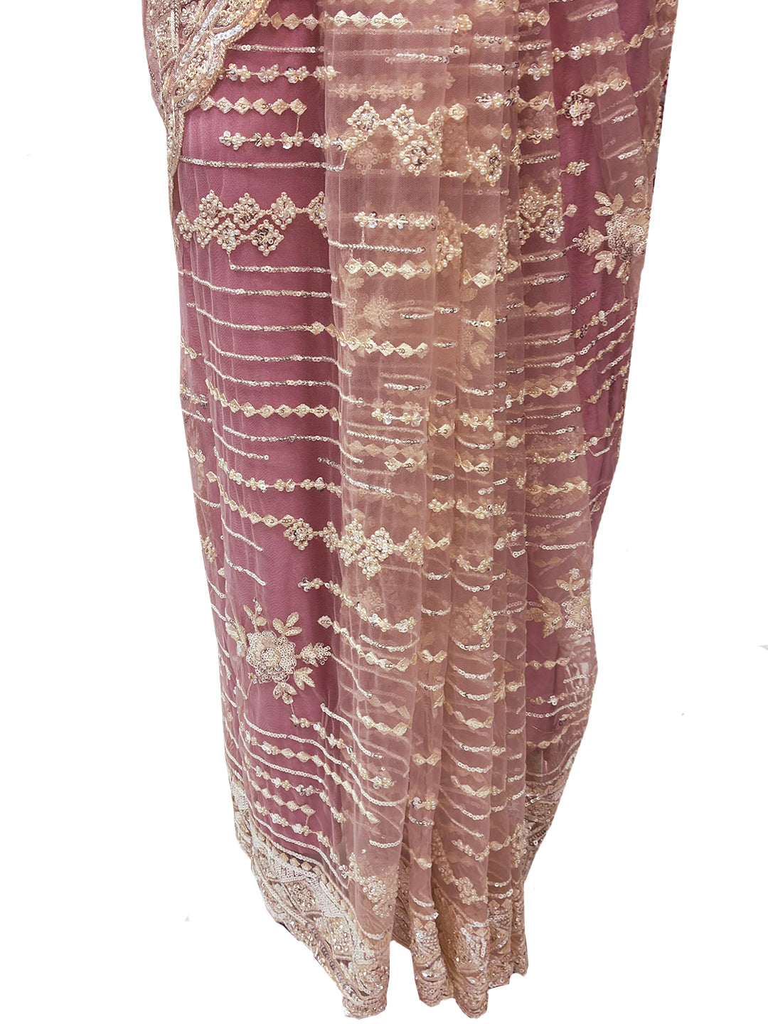 Blush Pink Sequin Embroidered Net Saree with Scalloped Border and Stitched Full Sleeves Blouse