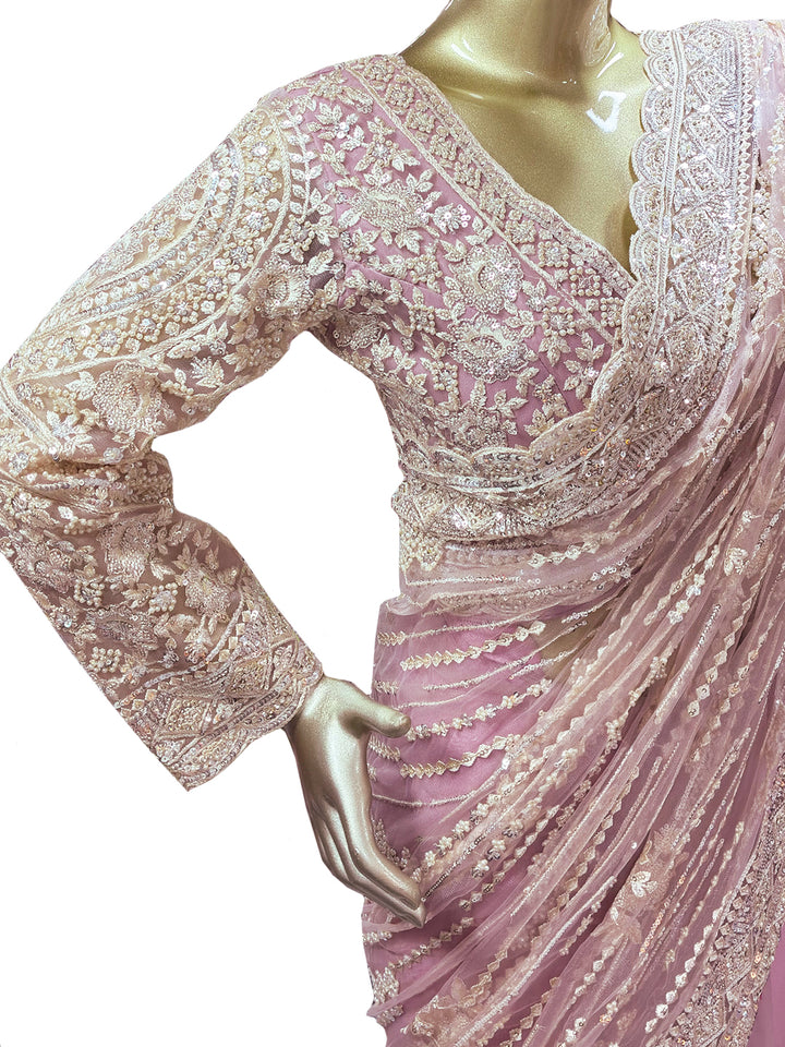 Blush Pink Sequin Embroidered Net Saree with Scalloped Border and Stitched Full Sleeves Blouse