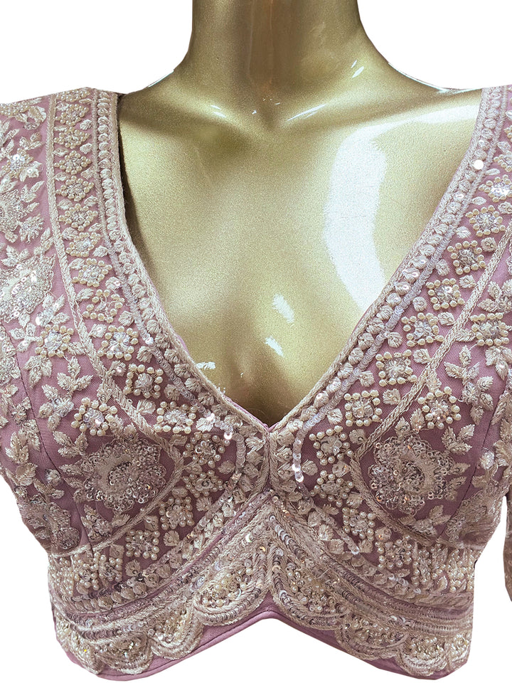 Blush Pink Sequin Embroidered Net Saree with Scalloped Border and Stitched Full Sleeves Blouse