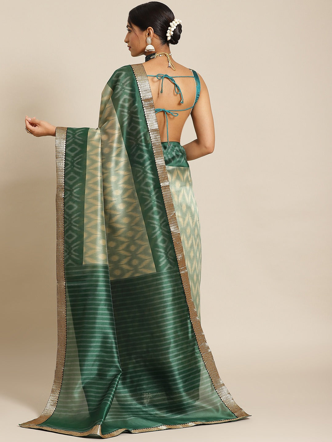 Ikat Printed Bhagalpuri Silk Blend Saree & Oxidised Zari Border