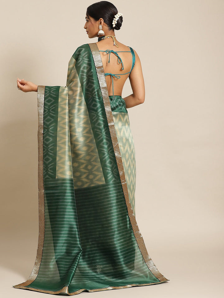 Ikat Printed Bhagalpuri Silk Blend Saree & Oxidised Zari Border