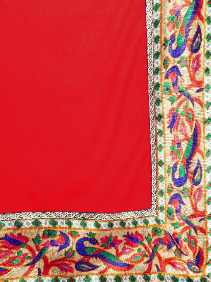 Red Georgette Saree with Art Silk Paithani Print Blouse