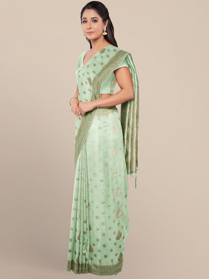 Pastel Green Zari Woven Embroidered Silk Blend Banarasi Saree