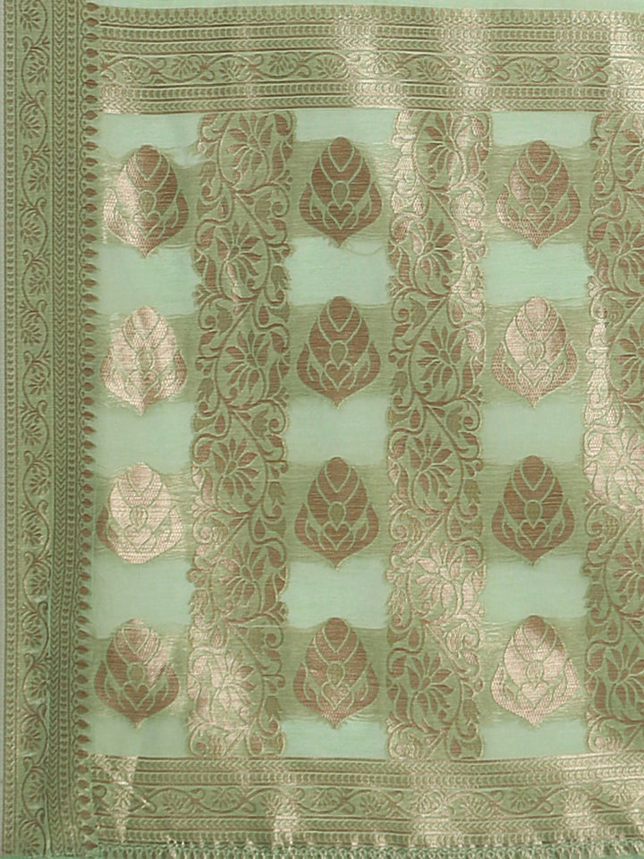 Pastel Green Zari Woven Embroidered Silk Blend Banarasi Saree