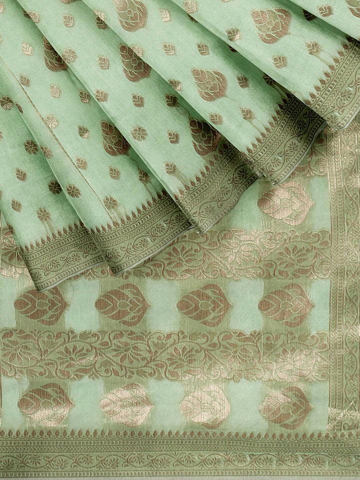 Pastel Green Zari Woven Embroidered Silk Blend Banarasi Saree