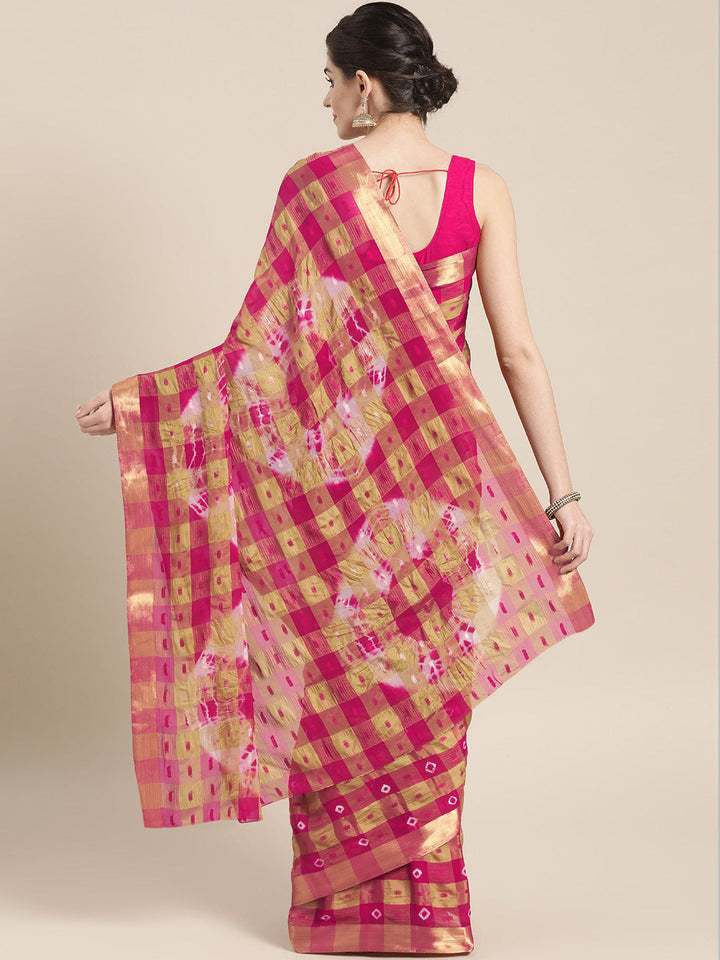 Chiffon Checked Saree with Bandhej print, Resham weaving and Gold Zari border