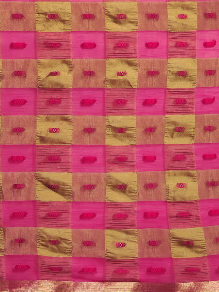 Chiffon Checked Saree with Bandhej print, Resham weaving and Gold Zari border