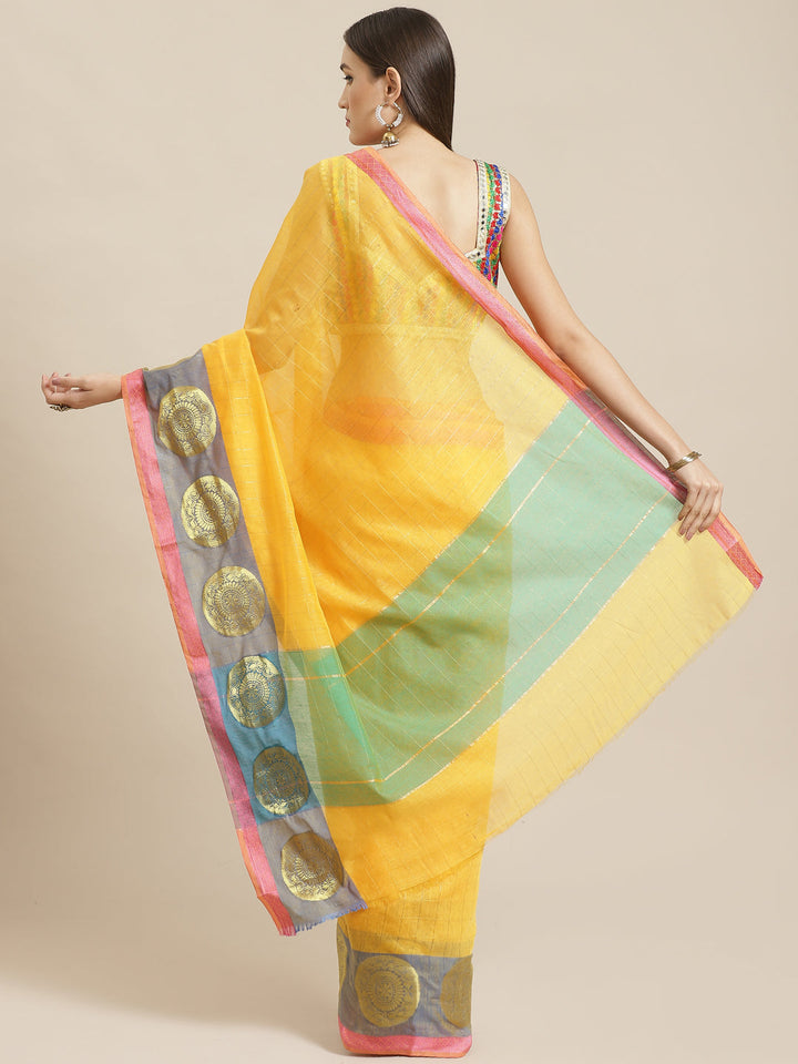 Yelllow Chanderi Silk Kota saree with Intricate Zari Weaving in a Striped Pattern