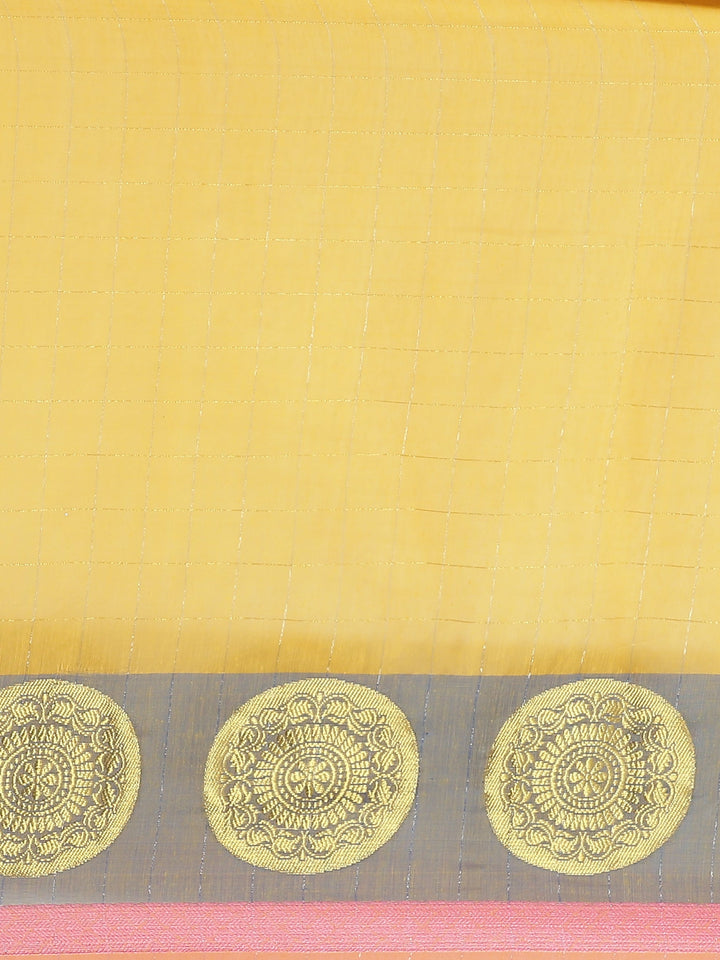 Yelllow Chanderi Silk Kota saree with Intricate Zari Weaving in a Striped Pattern
