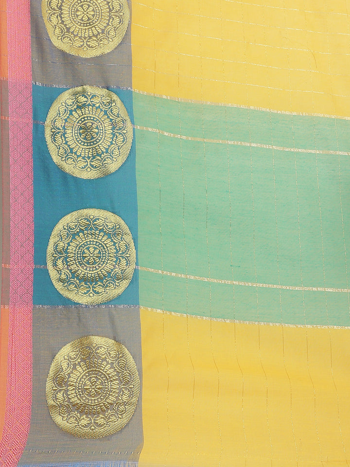 Yelllow Chanderi Silk Kota saree with Intricate Zari Weaving in a Striped Pattern
