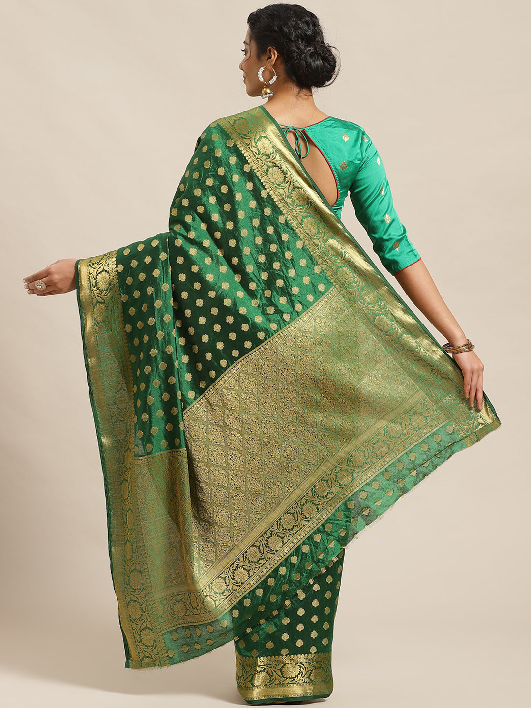 Bottle Green Kanjiwaram Dupion Silk Saree with Ethnic Weaving Buties & Border