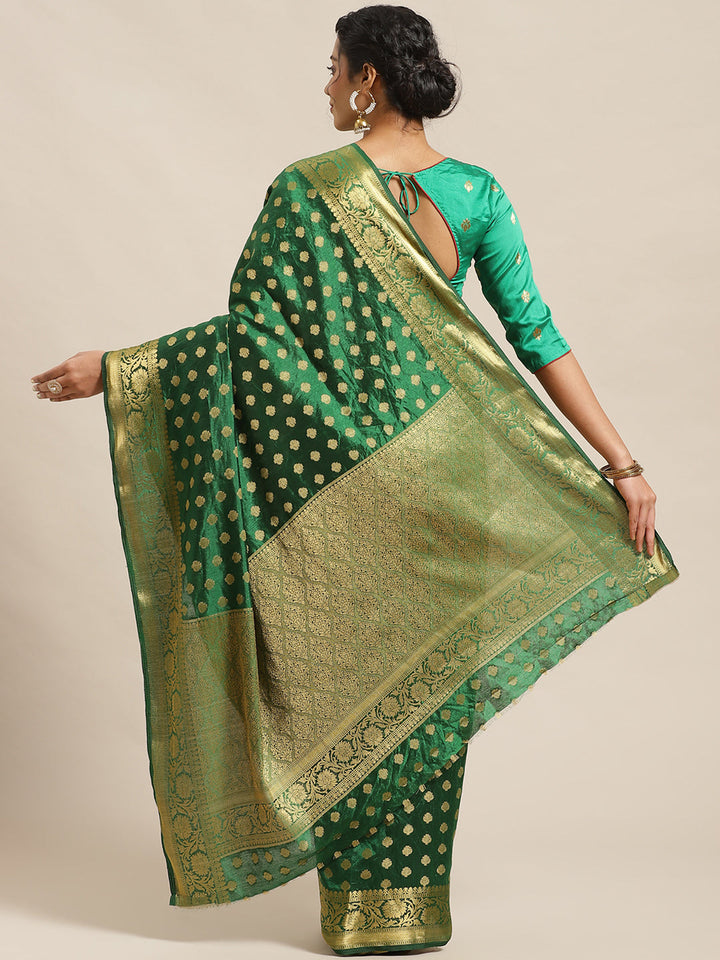 Bottle Green Kanjiwaram Dupion Silk Saree with Ethnic Weaving Buties & Border