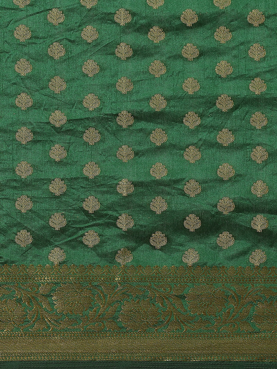 Bottle Green Kanjiwaram Dupion Silk Saree with Ethnic Weaving Buties & Border