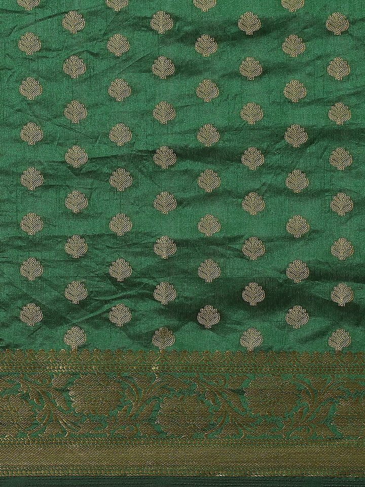 Bottle Green Kanjiwaram Dupion Silk Saree with Ethnic Weaving Buties & Border