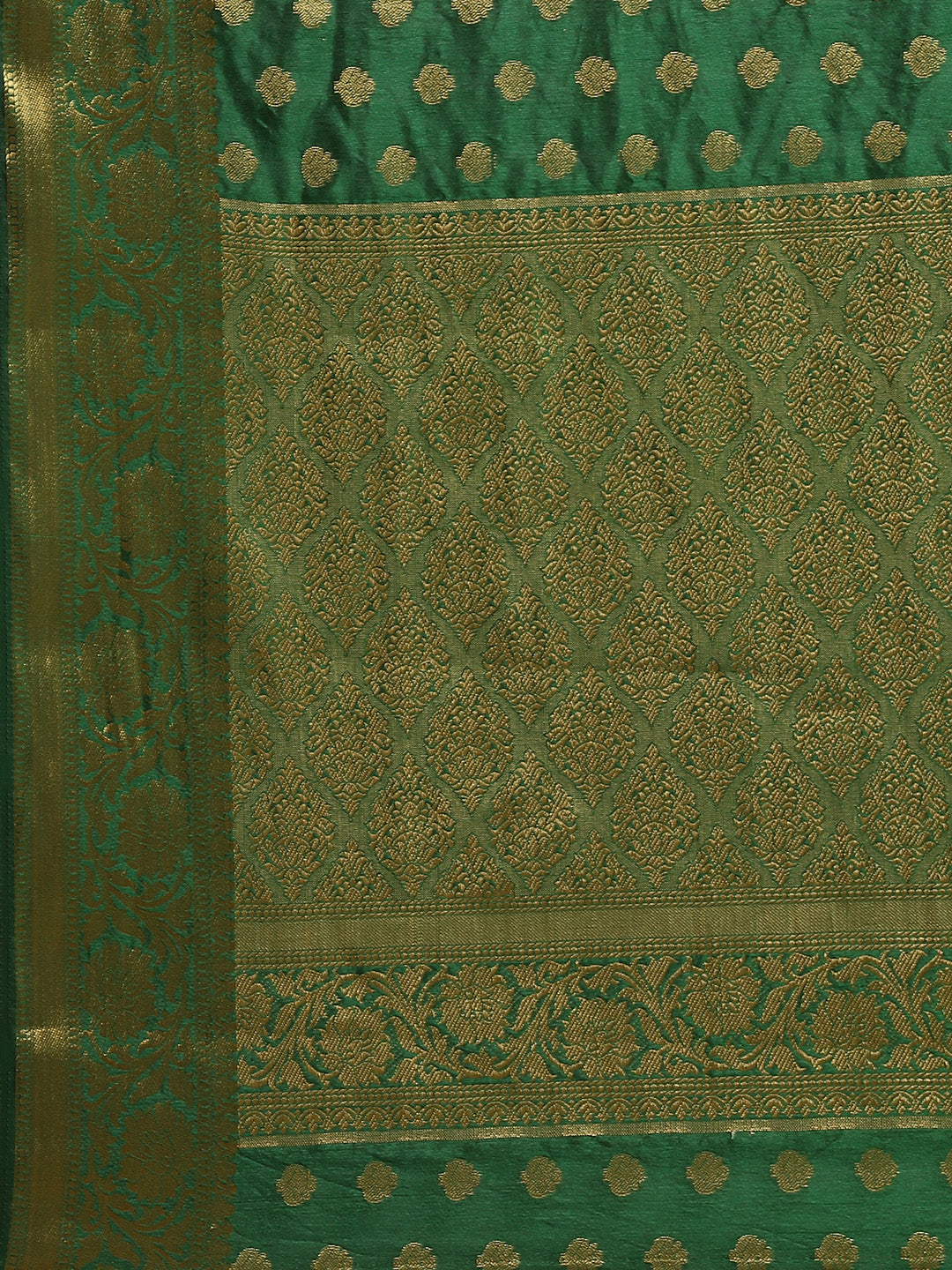 Bottle Green Kanjiwaram Dupion Silk Saree with Ethnic Weaving Buties & Border