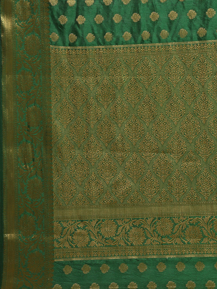Bottle Green Kanjiwaram Dupion Silk Saree with Ethnic Weaving Buties & Border