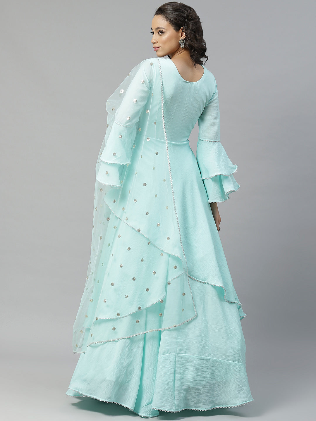 Made to Measure Turquoise Pearl Embellished Gown & Sequence Net Dupatta, Bell Sleeves