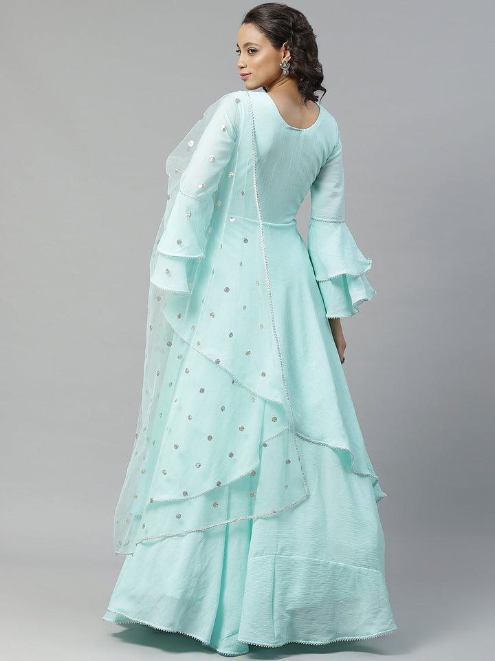 Made to Measure Turquoise Pearl Embellished Gown & Sequence Net Dupatta, Bell Sleeves