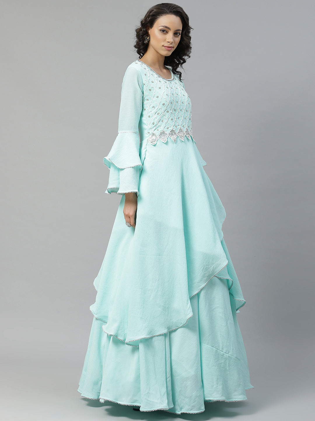 Made to Measure Turquoise Pearl Embellished Gown & Sequence Net Dupatta, Bell Sleeves