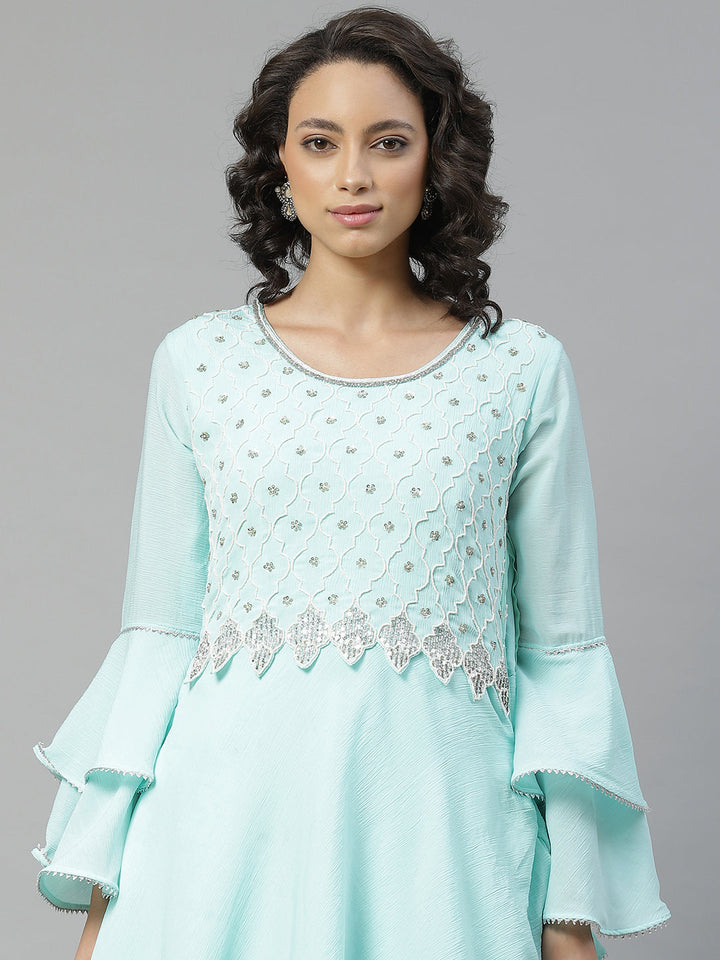 Made to Measure Turquoise Pearl Embellished Gown & Sequence Net Dupatta, Bell Sleeves