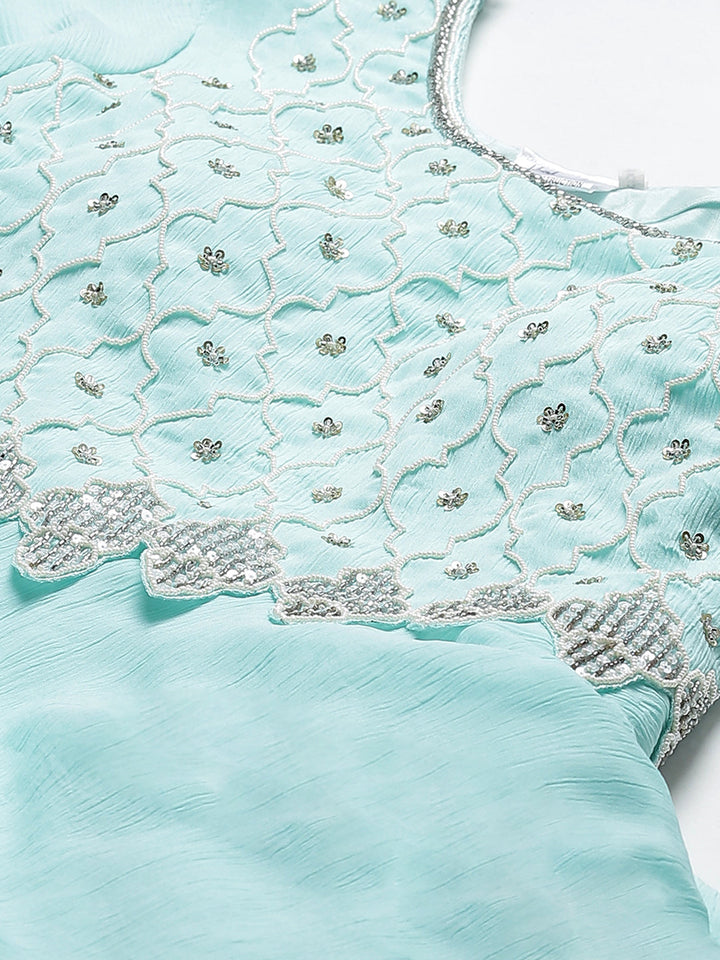 Made to Measure Turquoise Pearl Embellished Gown & Sequence Net Dupatta, Bell Sleeves