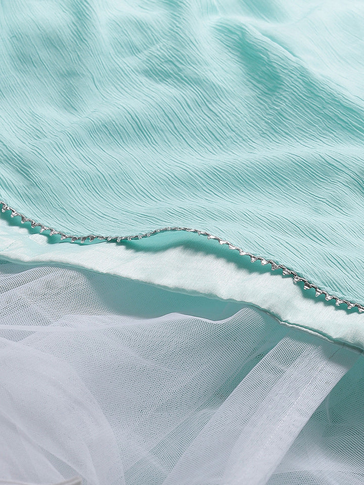 Made to Measure Turquoise Pearl Embellished Gown & Sequence Net Dupatta, Bell Sleeves