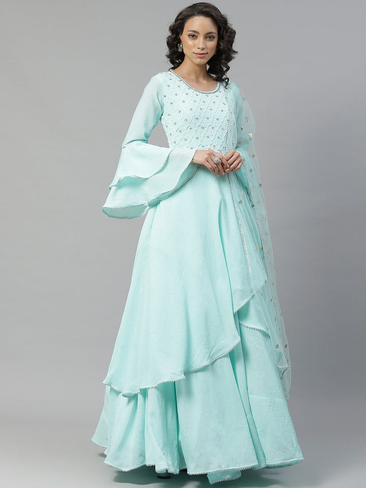 Made to Measure Turquoise Pearl Embellished Gown & Sequence Net Dupatta, Bell Sleeves