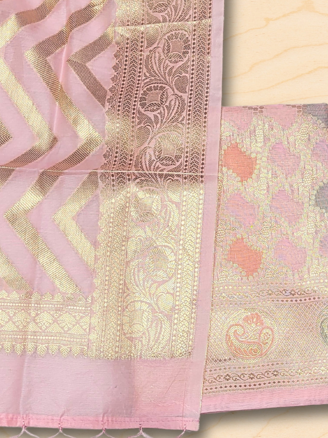 Banarasi Tissue Dress Material with Floral Meenakari Weaving and Striped Jhallar Dupatta