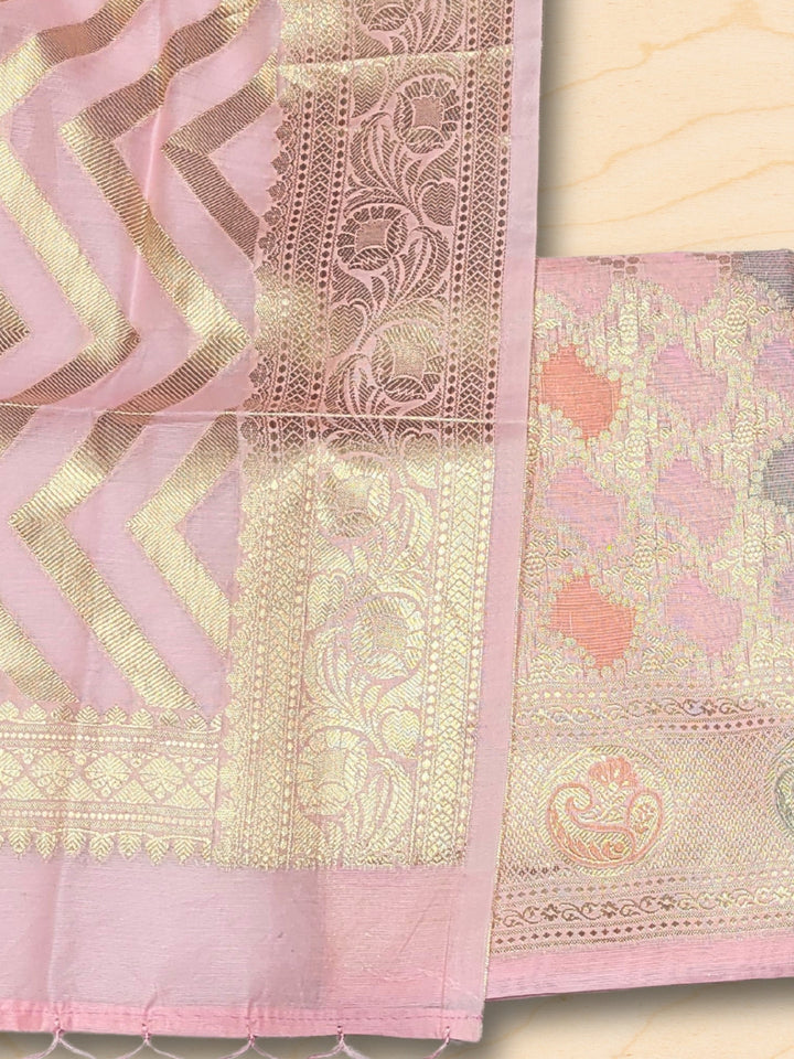 Banarasi Tissue Dress Material with Floral Meenakari Weaving and Striped Jhallar Dupatta