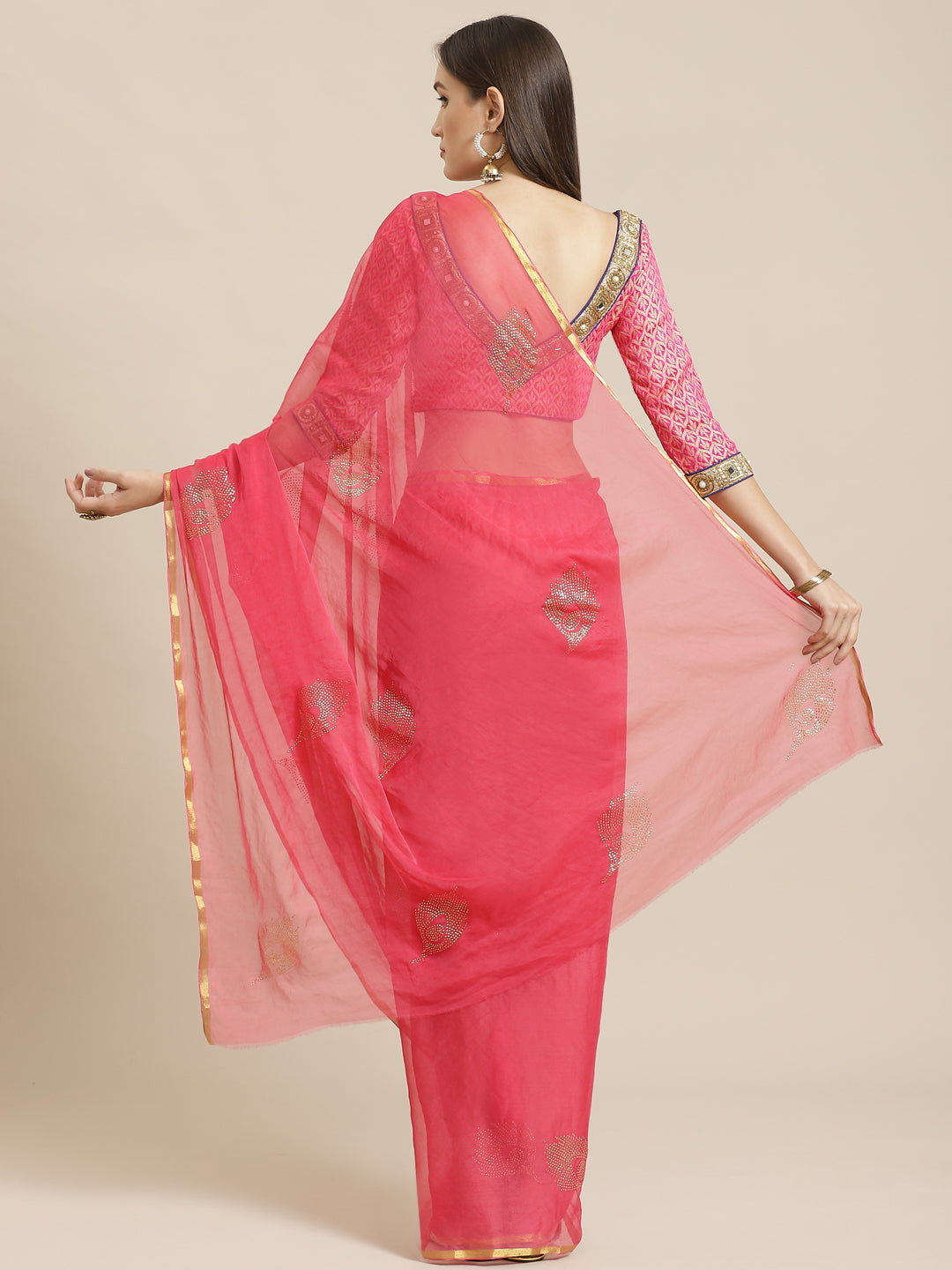 Chiffon Saree with Mukaish Embroidery In Peacock Pattern & Zari Border, Benarasi Blouse